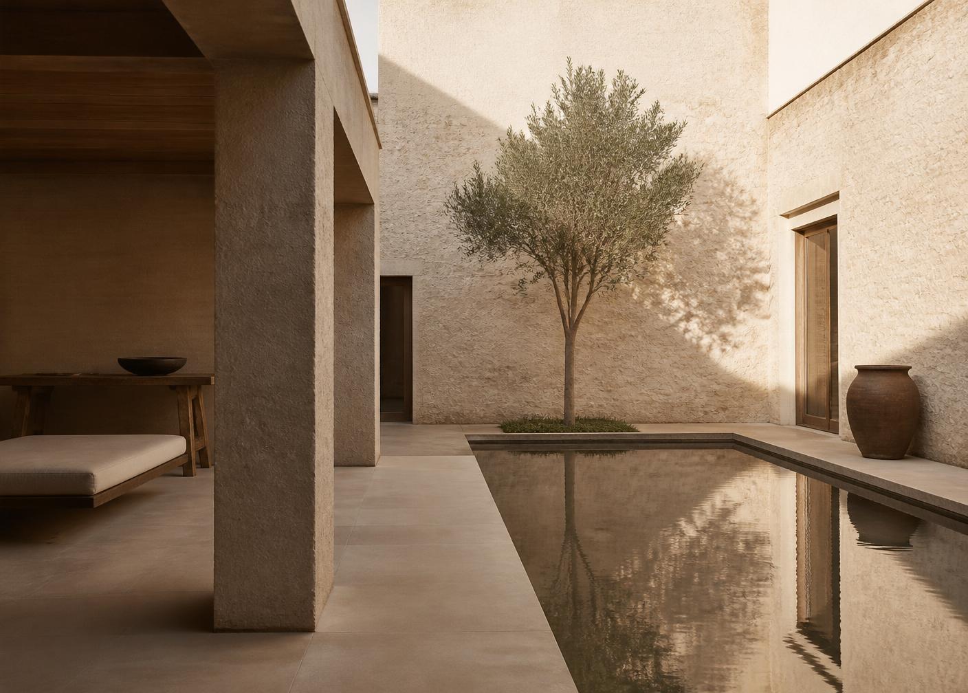 Villa Azinho — The middle residence is organised around a still, square courtyard — a quiet room open to the sky, drawn from the vernacular of southern Portugal.